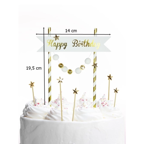 Topper girlanda ozdoby na tort napis Happy Birthday pomponiki gwiazdki biało-złote dekoracje urodzinowe
